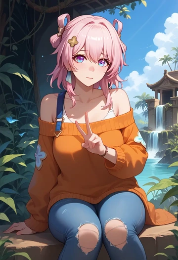 star rail,march 7th,sweater,off-shoulder,ripped jeans  - AI generated anime art